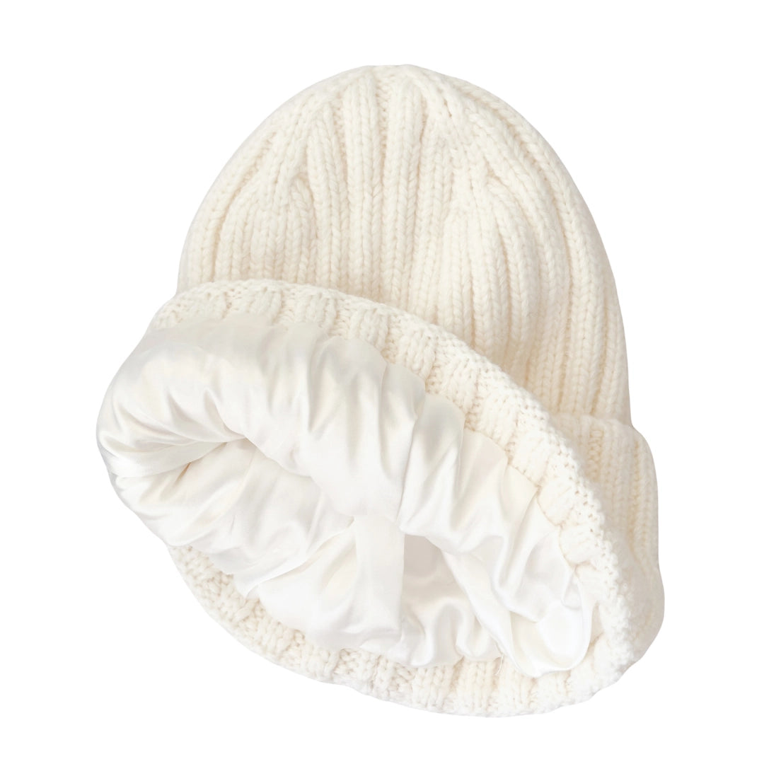 white satin lined cashmere beanie white beanie inside out