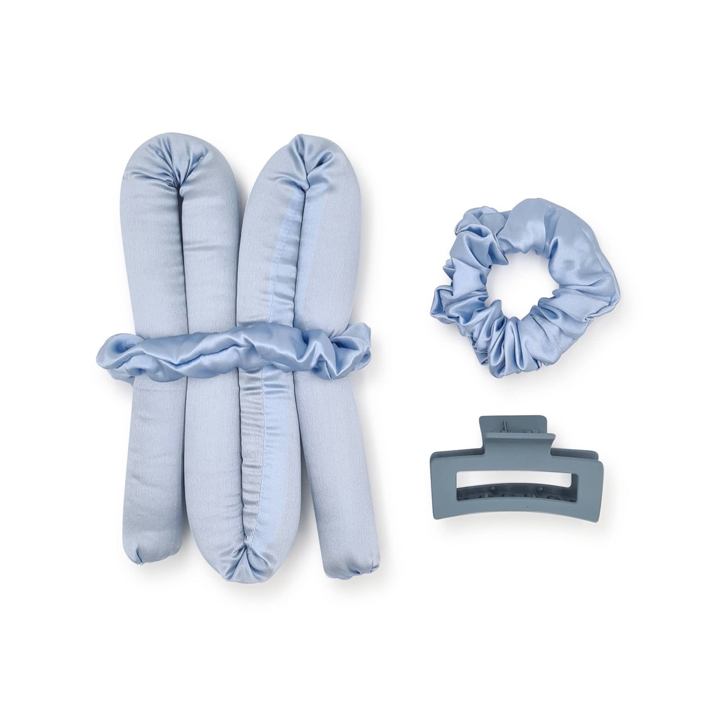 heatless curls set in blue with blue scrunchie and blue claw clip