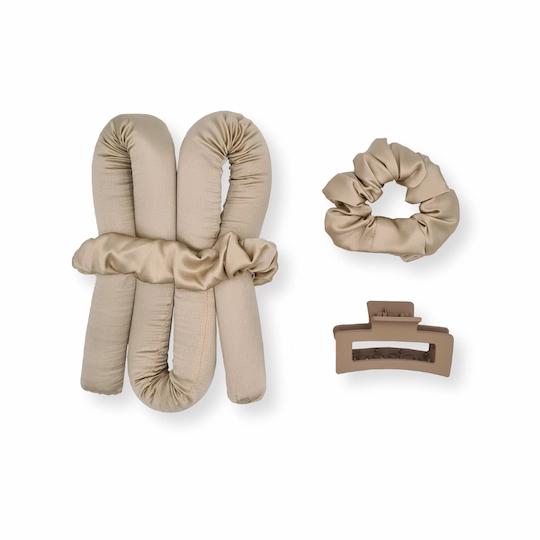 heatless curls set in champagne with champagne scrunchie and champagne claw clip