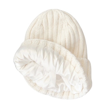 white satin lined cashmere beanie white beanie inside out