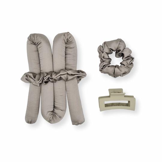heatless curls set in grey with grey scrunchie and grey claw clip