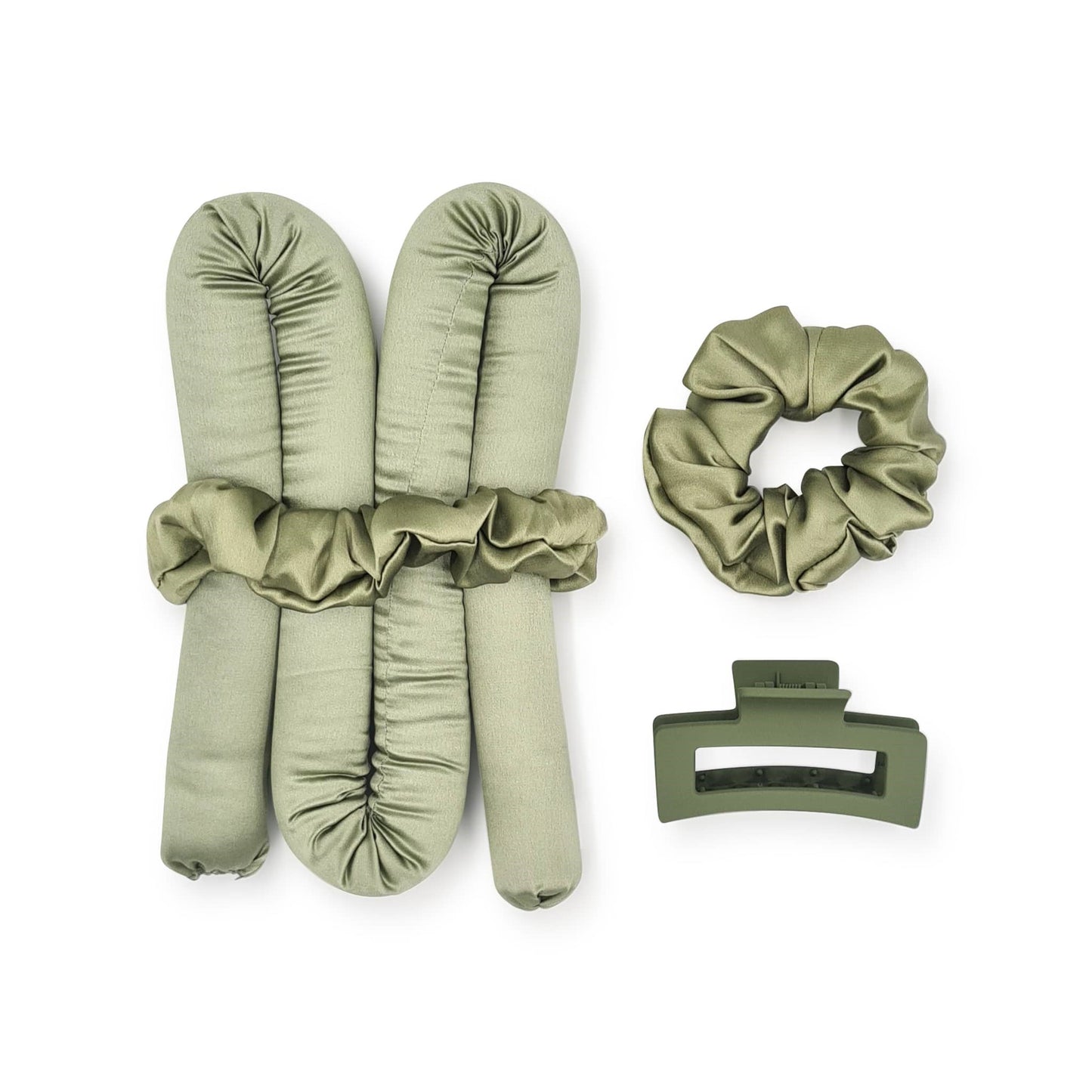 heatless curls set in green with green scrunchie and green claw clip