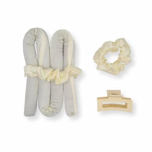 heatless curls set in white with white scrunchie and white claw clip